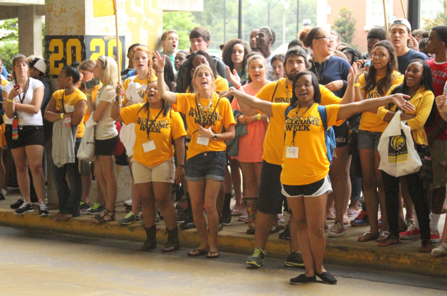 Students show excitement before the painting of the Eagle Walk on Sunday during Golden Eagle Welcome Week.