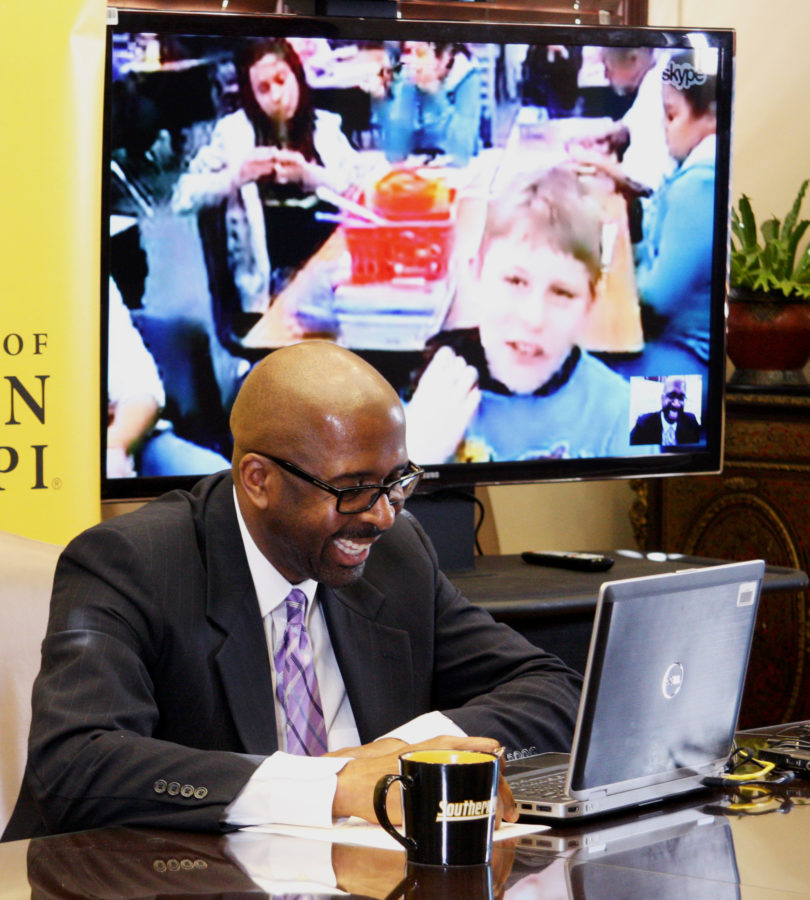Rodney Bennett, president of The University of Southern Mississippi, chats via Skype with a middle school class in California to thank them for their donation to the Oseola McCarty Scholarship Fund.

Michael Kavitz/Printz