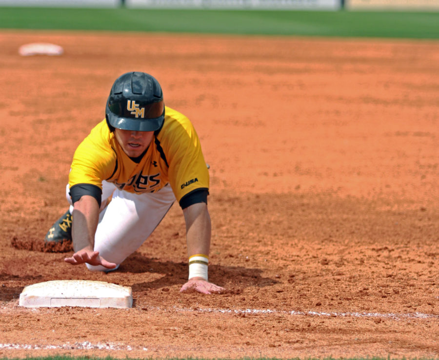 Infielder Bradley Roney led off the inning and reached first base after being hit by a pitch at the USM vs. UA game at Sewell-Thomas Stadium this past weekend.

Hunt Mercier/Printz