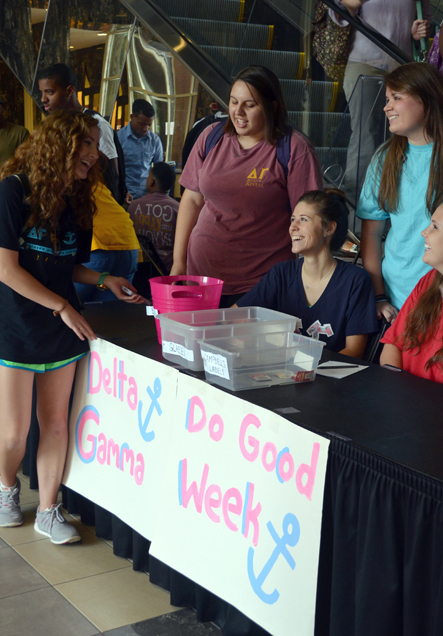 Delta Gamma`s sit in the Thad Cochran Center where they collect box tops, soup labels and reading glasses for Do Good Week. These items will all be used to benefit the sororitys foundation, Service for Sight.- Kelley Joe Brumfield