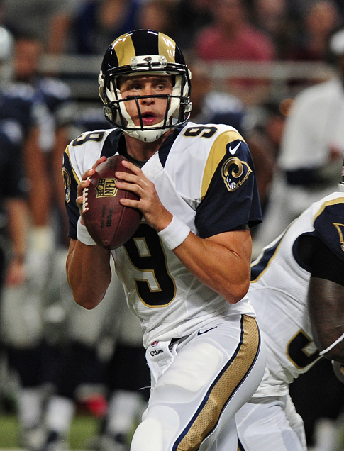 Sep 21, 2014; St. Louis, MO, USA; St. Louis Rams quarterback Austin Davis (9) drops back to pass against the Dallas Cowboys during the first half at the Edward Jones Dome. Mandatory Credit: Jeff Curry-USA TODAY Sports