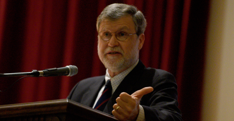 Robert McCauley from Emory University speaks in Bennett Auditorium Tuesday night  as part of the lecture series called Philosophical Fridays. -Susan Broadbridge