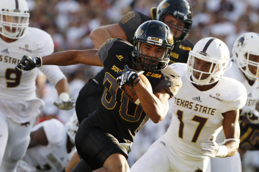 Sep 19, 2015; San Marcos, TX, USA; Southern Mississippi Golden Eagles wide receiver Jordan Mitchell (80) runs into the end zone for a touchdown against the Texas State Bobcats during the first half at Bobcat Stadium. Mandatory Credit: Soobum Im-USA TODAY Sports
