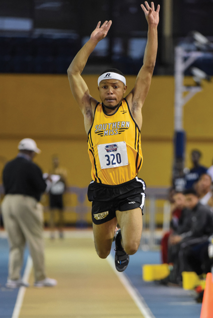 Christopher Monroe posts a jump of 14.77m - 48-5.50ft in Triple Jump to place 8th in the Conference USA Indoor Track and Field Championships. The Southern Miss Mens Track and Field Team finished in 8th place.  February 26, 2015- Courtland Wells/Courtesy Photo