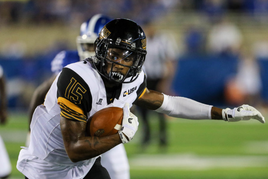 Southern Miss wide receiver Allenzae Staggers catches a pass against the Kentucky Wildcats in Lexington, Kentucky on September 3, 2016. (Student Printz/ Hunt Mercier)