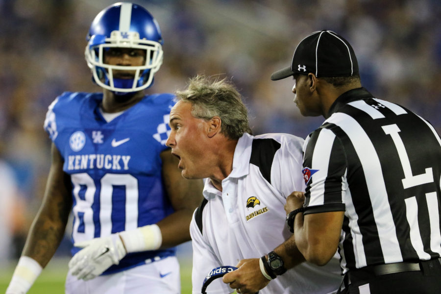 Southern Miss head coach Jay Hopson demanding a review for a play against the Kentucky Wildcats in Lexington, Kentucky on September 3, 2016. (Student Printz/ Hunt Mercier)