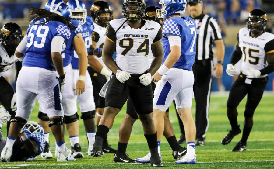 Southern Miss defensive lineman Dylan Bradley (94) celebrates after a successful tackle against the Kentucky Wildcats in Lexington, Kentucky on September 3, 2016. (Student Printz/ Hunt Mercier)