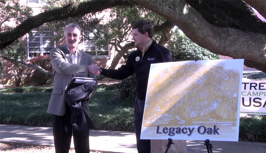 Dr. Chris Crenshaw (left) and Stephen McCay (right) shake hands after naming the 100-year old oak tree Legacy Oak on the campus of Southern Miss on Feb. 10 (Julius Kizzee| Printz).
