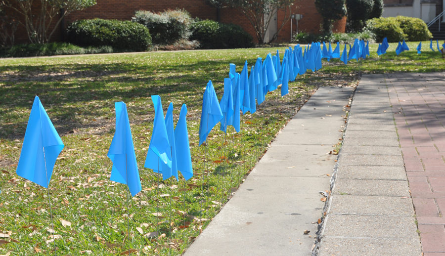 For the second day of It’s On Us week, SGA placed 150 blue flags in Shoemaker Square on March 21. Each flag represents a victim of sexual or domestic abuse.