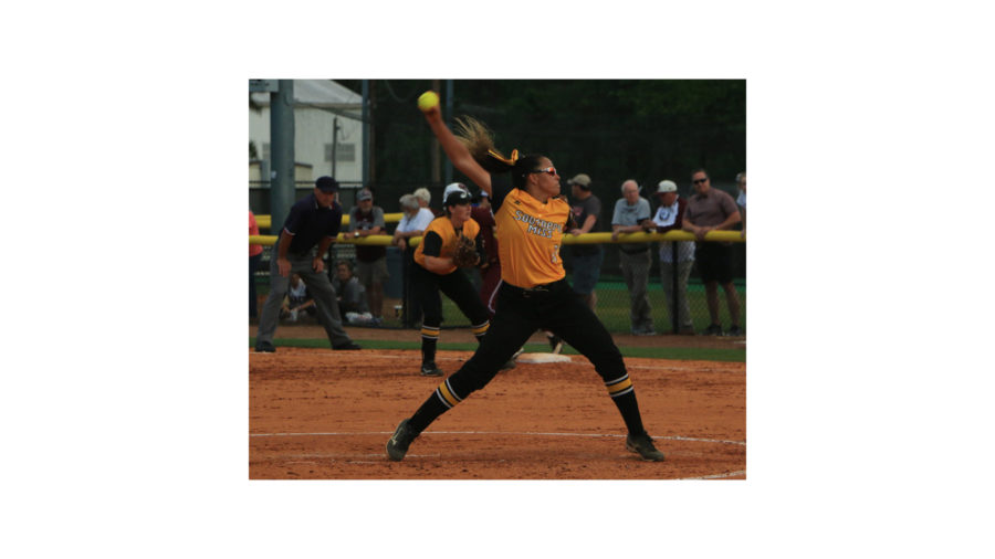 Kim+Crowson+throws+a+pitch+against+Mississippi+State+on+Mar.+28+at+the+USM+Softball+Complex.