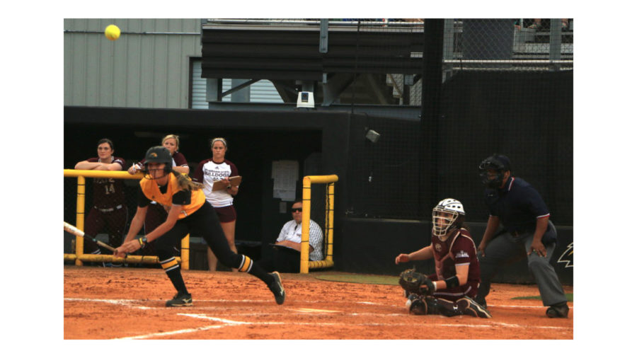 Caitlyn+Aldous+hits+a+ball+in+her+plate+appearance+against+Mississippi+State+on+Mar.+28+at+the+USM+Softball+Complex.
