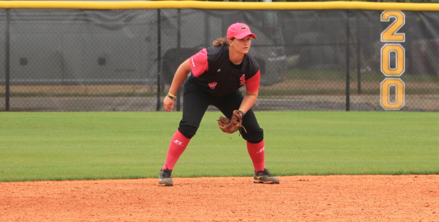 Heather+Hill+prepares+in+the+infield+against+Marshall+on+April+2+at+the+Softball+Complex.+