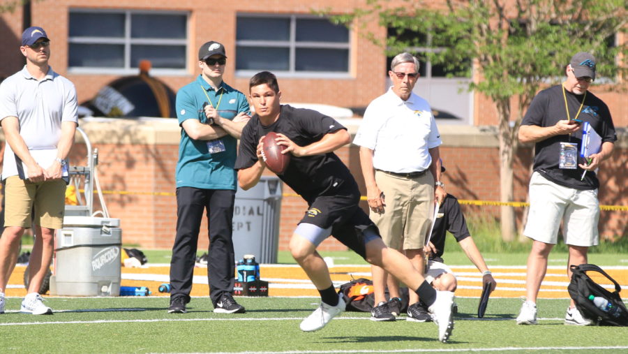 Former Golden Eagle Nick Mullens rolls out of the pocket on a throw on Southern Miss Pro Day on April 4. 