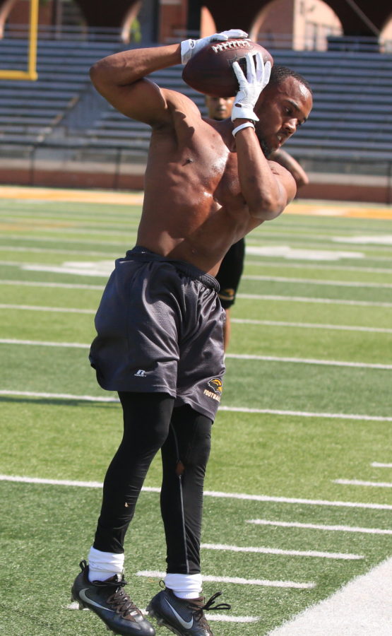 Former Golden Eagle walk-on Shawn Brickley makes a sideline catch in front of NFL scouts on Southern Miss Pro Day. 