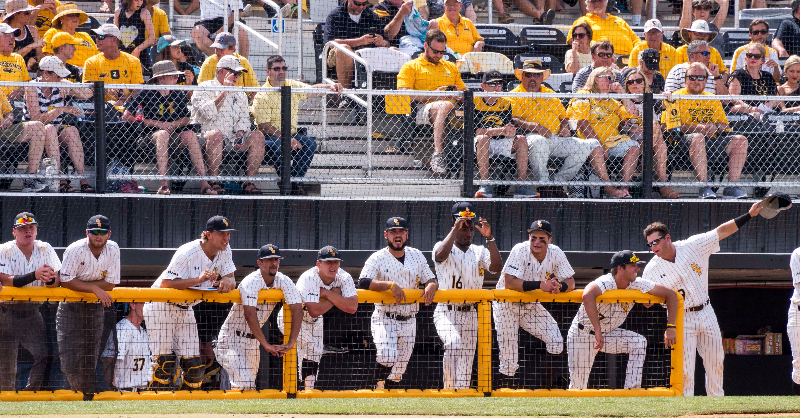 USM Golden Eagles Baseball team stading in the dugout watching the game.