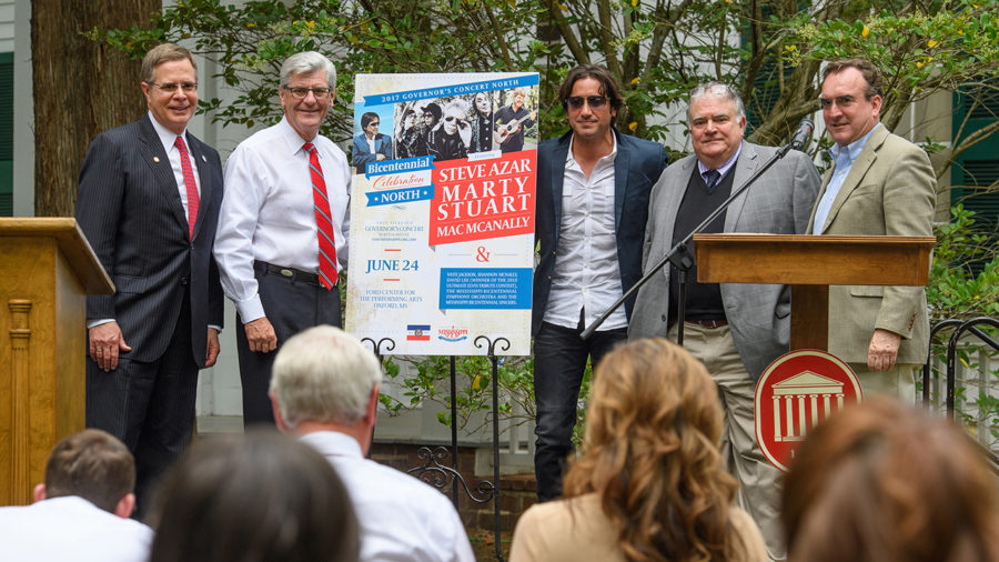 UM Chancellor Jeffrey Vitter (left) and Mississippi Gov. Phil Bryant join country singer Steve Azar, Oxford Mayor Pat Patterson and Craig Ray, director of Visit Mississippi, at Rowan Oak to announce plans for the Mississippi Bicentennial Celebration North, set for June 24 in Oxford. Photo by Robert Jordan/Ole Miss Communications