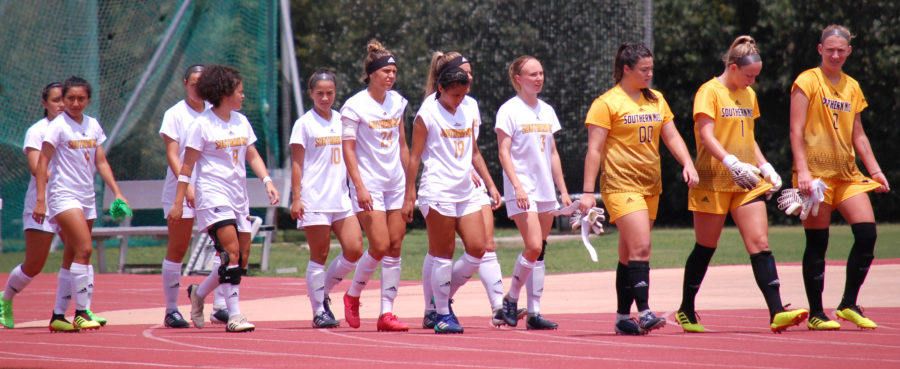 Southern+Miss+soccer+team+enters+field+for+game+against+Louisiana-Monroe+on+August+19%0APhoto+by%3A+Maggie+Matteson