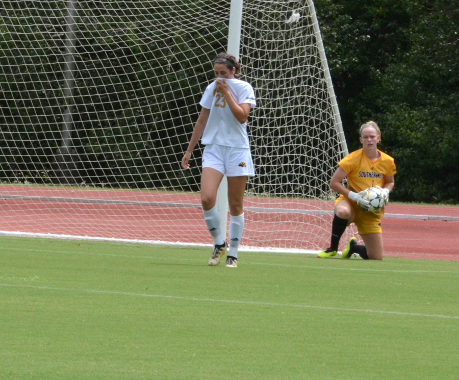 Kendell Mindnich protects goal against ULM
Photo by: Maggie Matteson