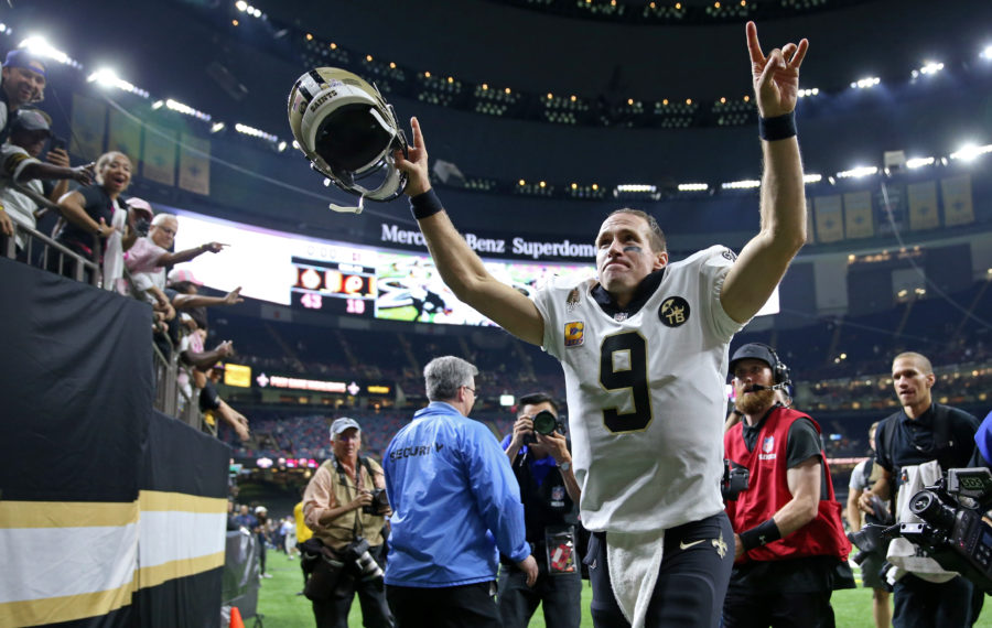 Oct 8, 2018; New Orleans, LA, USA; New Orleans Saints quarterback Drew Brees (9) runs off the field after their game against the Washington Redskins at the Mercedes-Benz Superdome. The Saints won, 43-19. 