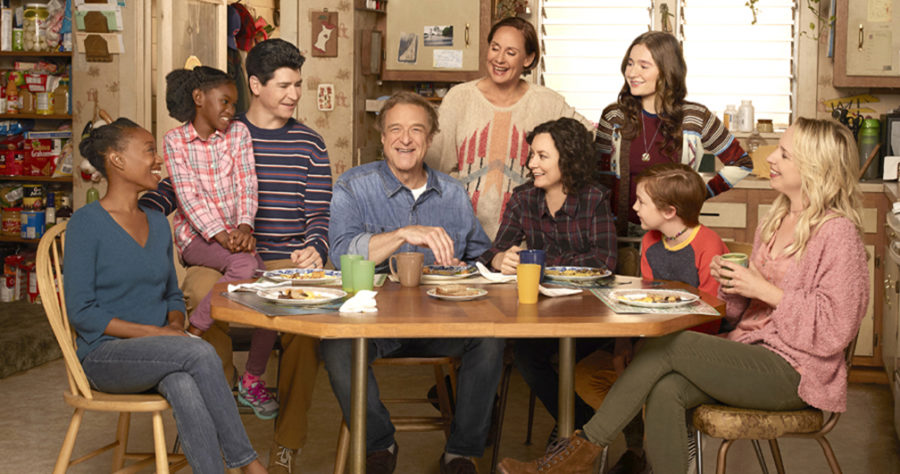 THE CONNERS - ABCs The Conners stars Maya Lynne Robinson as Geena Williams-Conner, Jayden Rey as Mary, Michael Fishman as D.J. Conner, John Goodman as Dan Conner, Laurie Metcalf as Jackie Harris, Sara Gilbert as Darlene Conner, Emma Kenney as Harris Conner, Ames McNamara as Mark, and Lecy Goranson as Becky Conner. (ABC/Robert Trachtenberg)