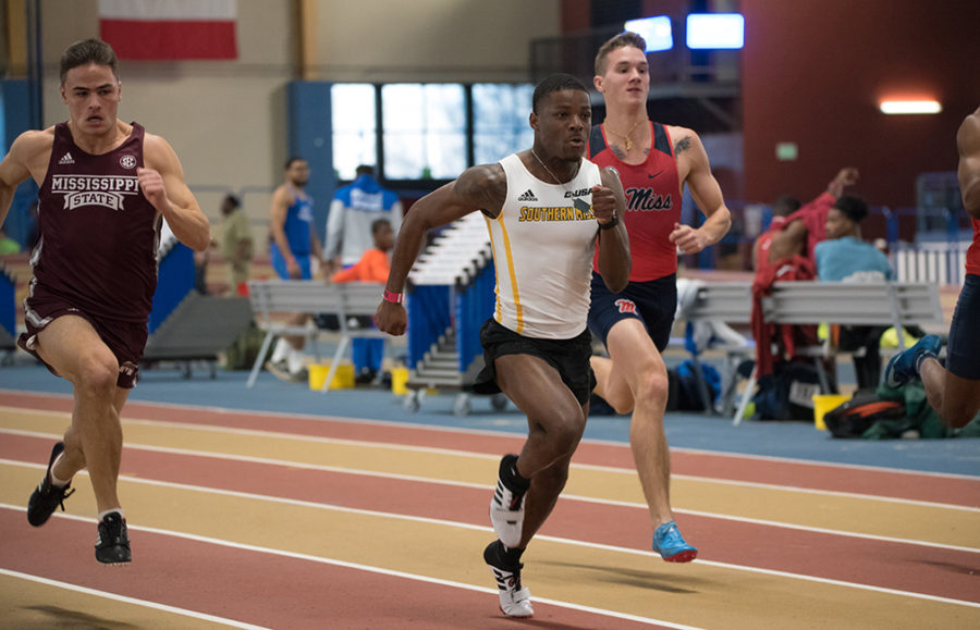 McKinely West beats out fellow Mississippi schools to take first in the Mens 60 meter Dash (Sandoz)