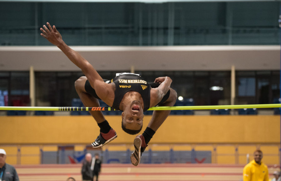 Eric Richards clearing the bar for a gold medal in the Mens High Jump