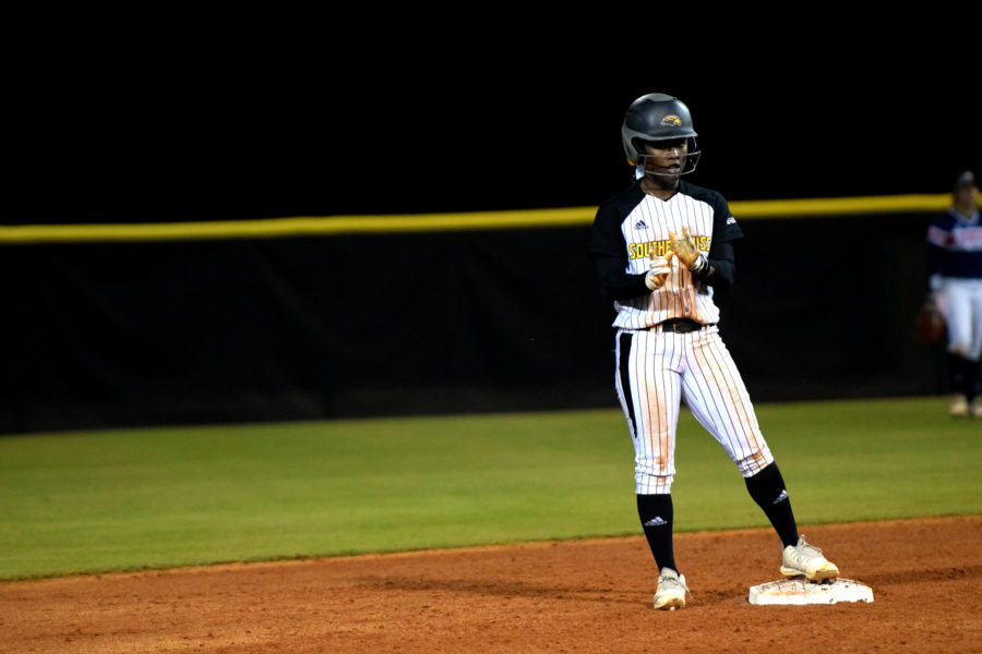 Alyssa Davis stands on second base. Photo by: Bethany Morris.