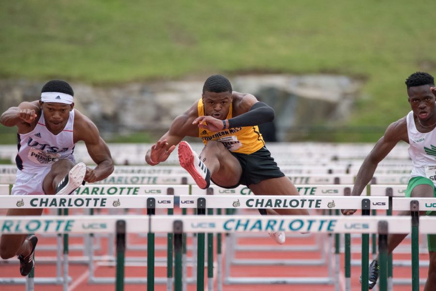 Caleb Parker competes in the 110m hurdles.