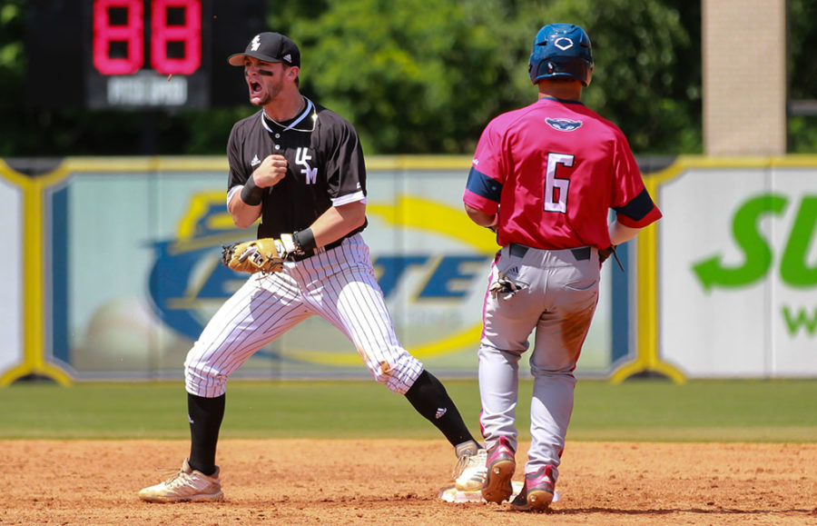 Junior Matthew Guidry celebrates a double play by Southern Miss. 

Photo by: Makayla Puckett