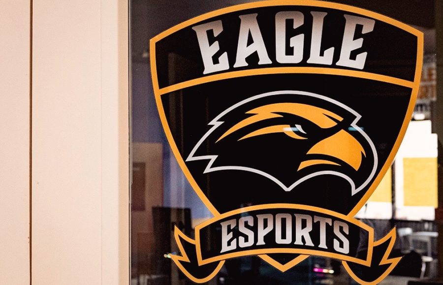 Eagle+Esports+logo+outside+of+the+game+arena+in+R.C.s+Lounge.+Photo+by+Charlie+Luttrell.+