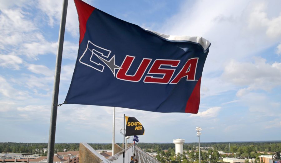 A C-USA flag flies above M. M. Roberts Stadium before the game in 2019.