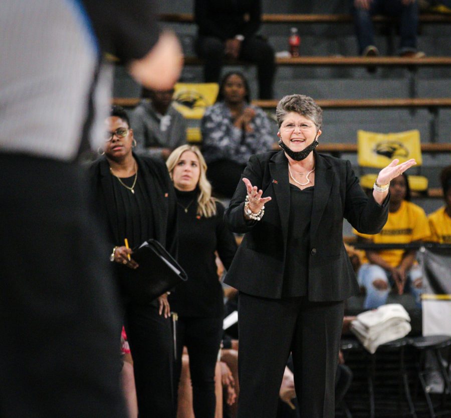 Head Coach Joye Lee-McNelis questions a call made during a game against UAB. (Photo/Charlie Luttrell)
