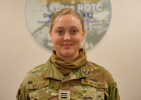 Cadet Julianna Vaughn, Alpha Flight Commander, standing in the cadet lounge in McLemore Hall 04-21-2022