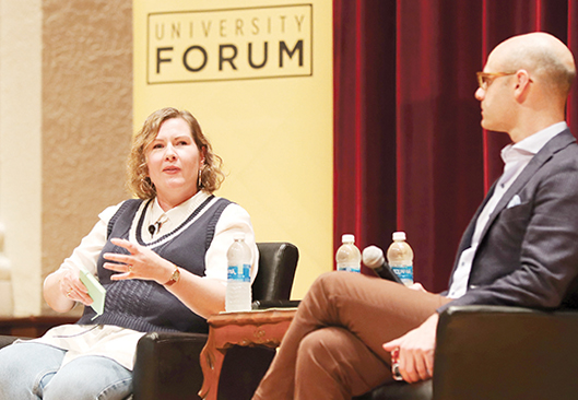 Author G. Willow Wilson, Co-creator of the Marvel Comics character Kamala Khan of Ms. Marvel, speaks during a discussion on stage at the University's Honor Forum Tuesday, September 13 at Bennett Auditorium. 