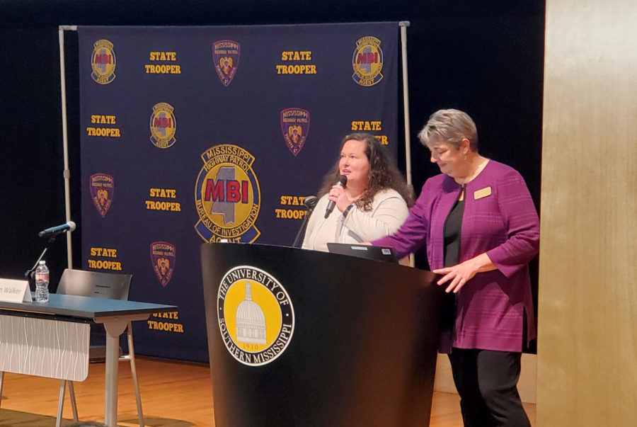 Kimberly Hogan and Tamara Hurst speak at the Human Trafficking Summit in the Joe Paul Theatre at the Thad Cochran Center on the USM campus Tuesday, January 24, 2023. The summit was hosted by the USM School of Social Work.