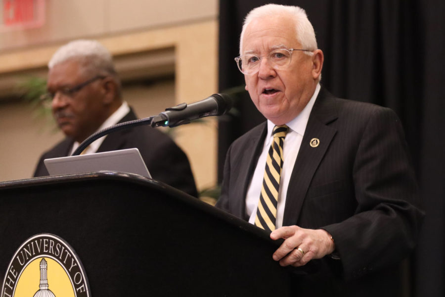 Dr. Joseph Paul, president of The University of Southern Mississippi, welcomes guests during the 17th annual Dr. Martin Luther King Jr., Ecumenical and Scholarship Breakfast on Monday morning, January 17, 2023, at the Thad Chochran Center ballroom.