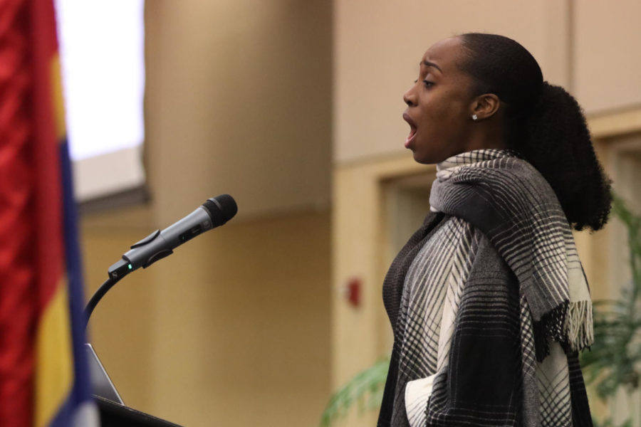 Danielle Watson sings the National Anthem during the 17th annual Dr. Martin Luther King Jr., Ecumenical and Scholarship Breakfast on Monday morning, January 17, 2023, at the Thad Chochran Center ballroom.