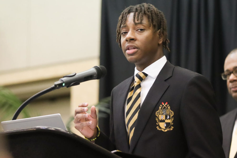 Austin Lindsey, president of the Mu Xi Chapter of Alpha Phi Alpha Fraternity, Inc. welcomes guests before the 17th annual Dr. Martin Luther King Jr., Ecumenical and Scholarship Breakfast on Monday morning, January 17, 2023, at the Thad Chochran Center ballroom.