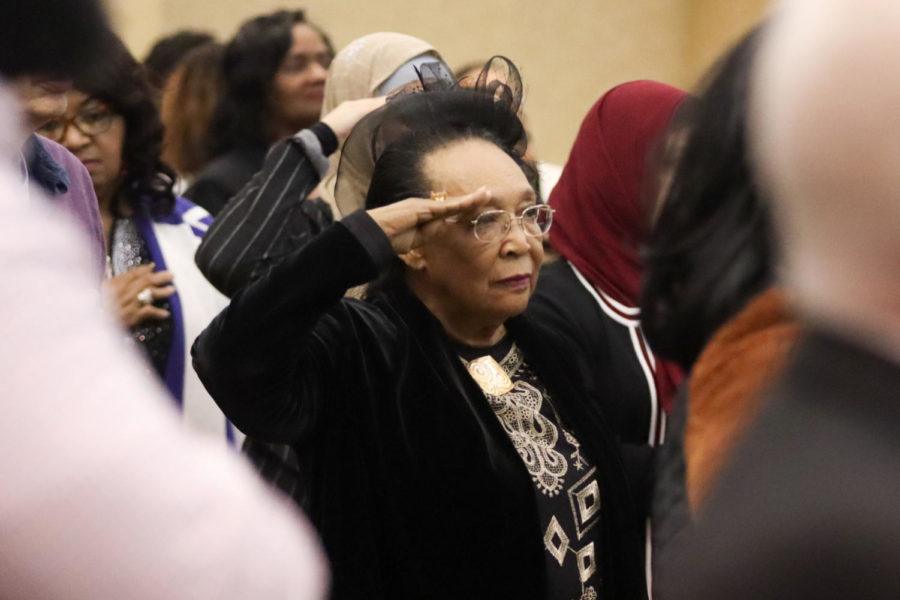Raylawni Branch, one of the universitys first African American students, salutes during the presentation of colors before the 17th annual Dr. Martin Luther King Jr., Ecumenical and Scholarship Breakfast on Monday morning, January 17, 2023, at the Thad Chochran Center ballroom.