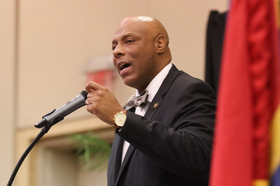 Keynote speaker Kelsey Rushing Jr. delivers remarks during the 17th annual Dr. Martin Luther King Jr., Ecumenical and Scholarship Breakfast on Monday morning at the Thad Chochran Centers ballroom.