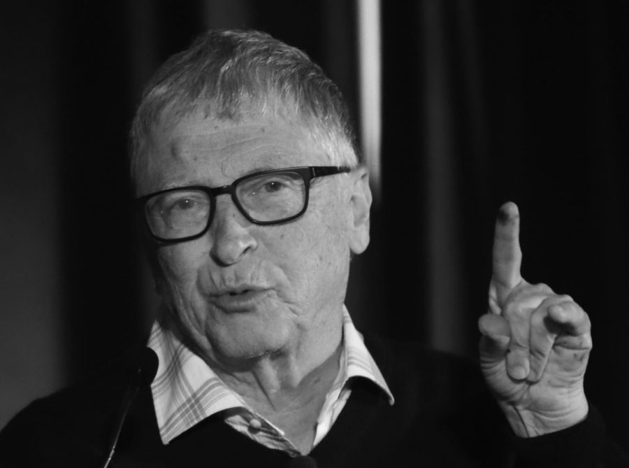 Bill Gates speaks while pointing his finger upward at the New Orleans Book Festival during a conversation with moderator and festival co-chair Walter Isaacson on Thursday, March 9, 2023 in New Orleans. 
