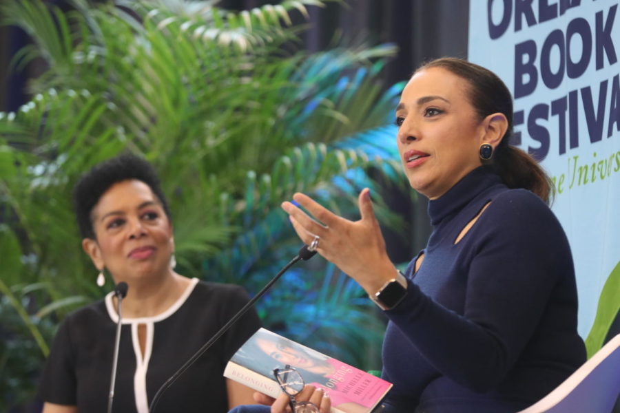 Moderator Sharon Epperson, left, listens to Michelle Miller, right, answer a question at the New Orleans Book Festival on Friday, March 10, 2023.