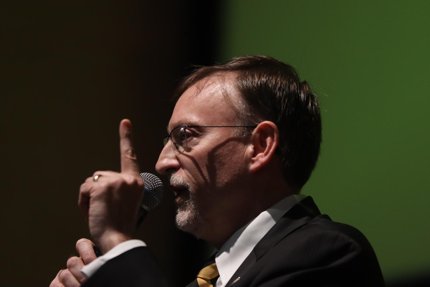 Lance Nail listens to a member of the audience speak during a provost candidate forum in Joe Paul Student Theater on April 18, 2023.