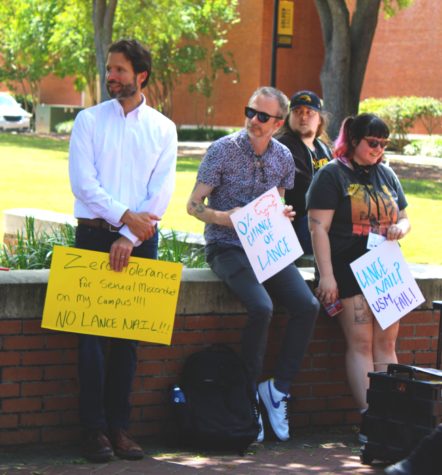 Students and faculty gather at Shoemaker Square to protest Lance Nails campaign for provost. 