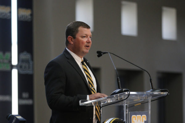 Southern Miss football head coach Will Hall speaks to media at Sun Belt Media Days. 