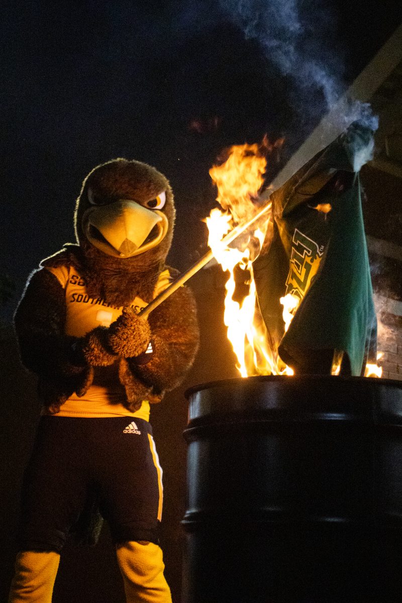 Friday Night at Spirit Park lit up into a blaze of glory as Seymour the Eagle burned a Southeastern Louisiana University shirt showing.