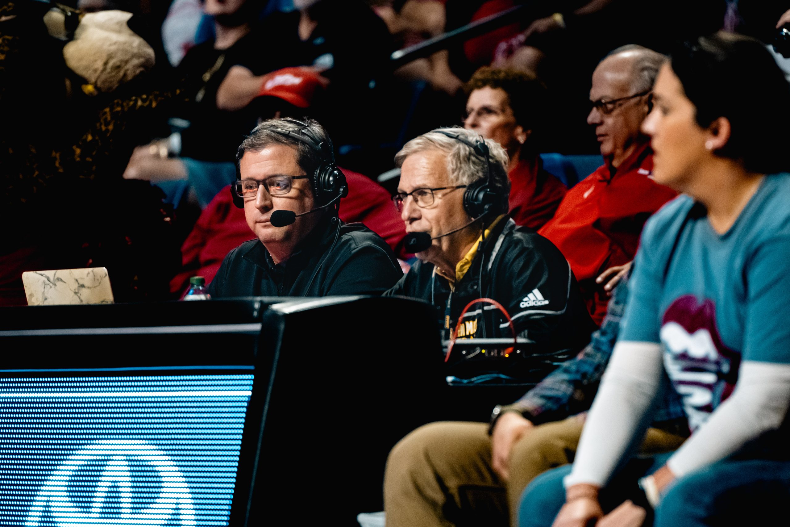 John Cox (center) does play-by-play announcing at recent Southern Miss sporting event.