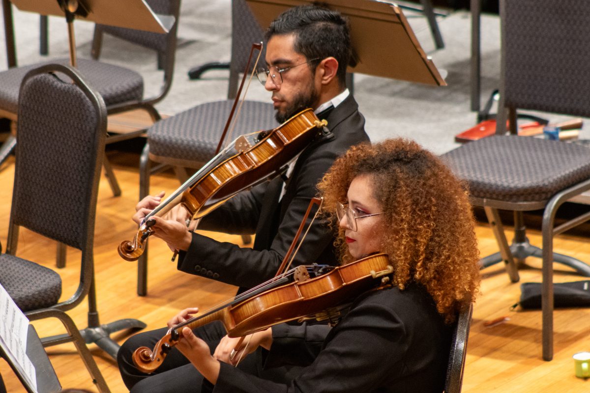 The two viola players, Alejandro Lopez and Renata Andrade perform in sync.