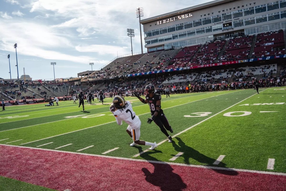 USM's Chandler Pittman comes down with a catch against Troy University. 