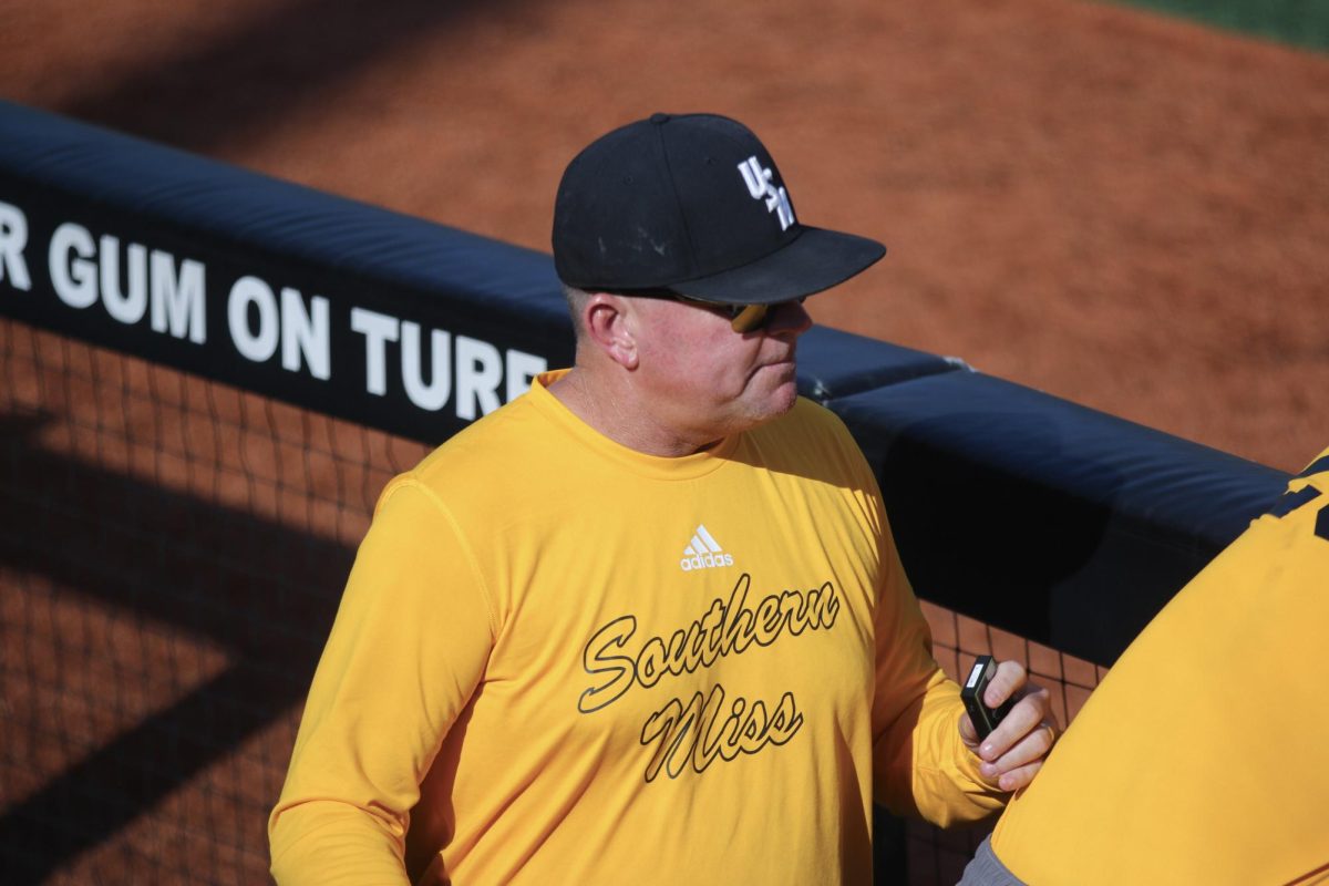 Southern Miss baseball head coach Christian Ostrander looks on during a scrimmage.